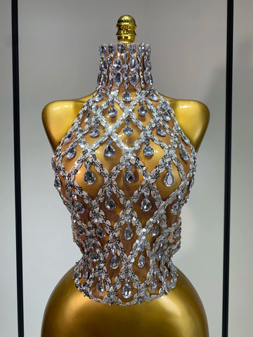 Sparkly Slver Rhinestone Sequins Mesh See Through Top Women Sexy Nightclub Evening Party Backless Spicy Girl Stage Outfit