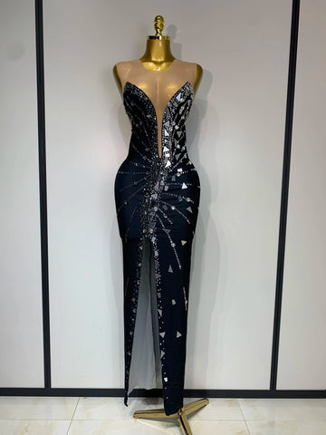 Black bowknot Lens Patchwork Dress Rhinestones Dress Women Party Long Dress Celebrate Evening Prom Dress Stage Festival Outfit