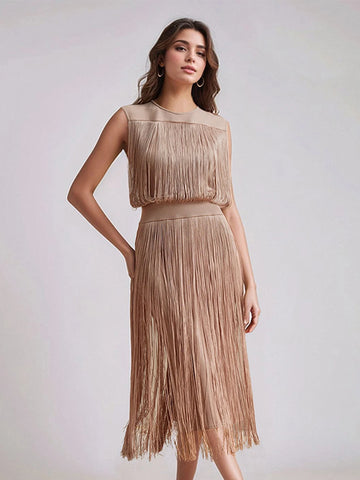 2025 New Tassel Patchwork Party Fashion Midi Dress Women Summer Sleeveless Solid High Street Ladies Vestidos