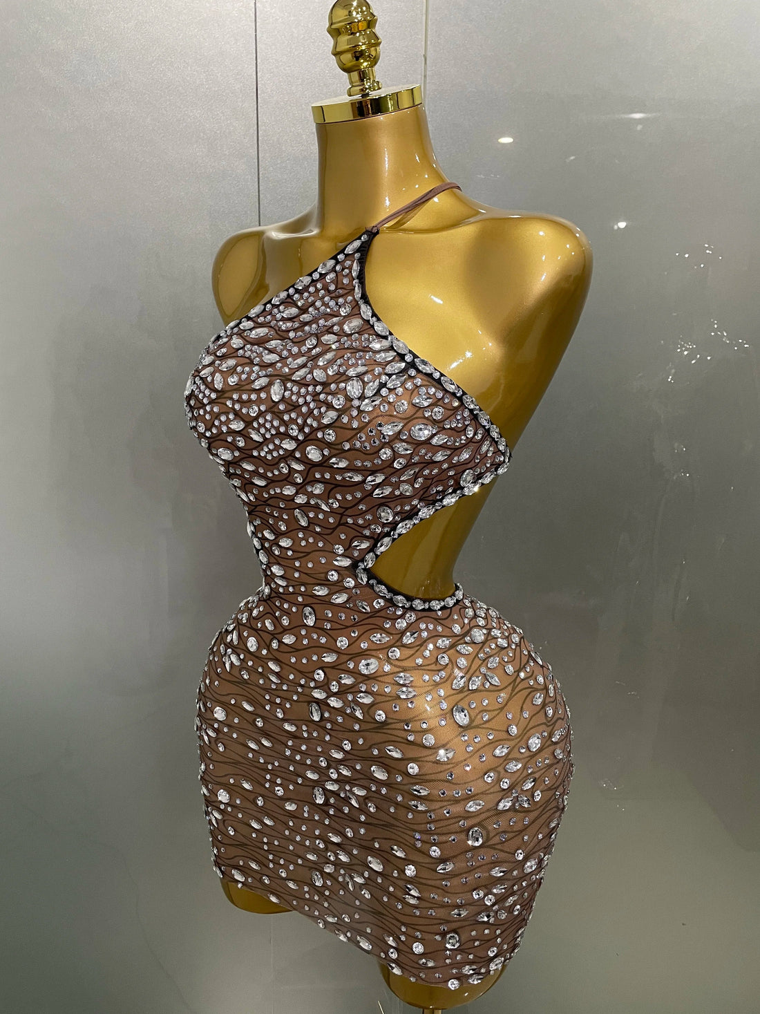 New Sexy Shiny Diamond Hollow Out Backless Short Dress Women Evening Celebrate Prom Birthday Party Nightclub Stage Costume
