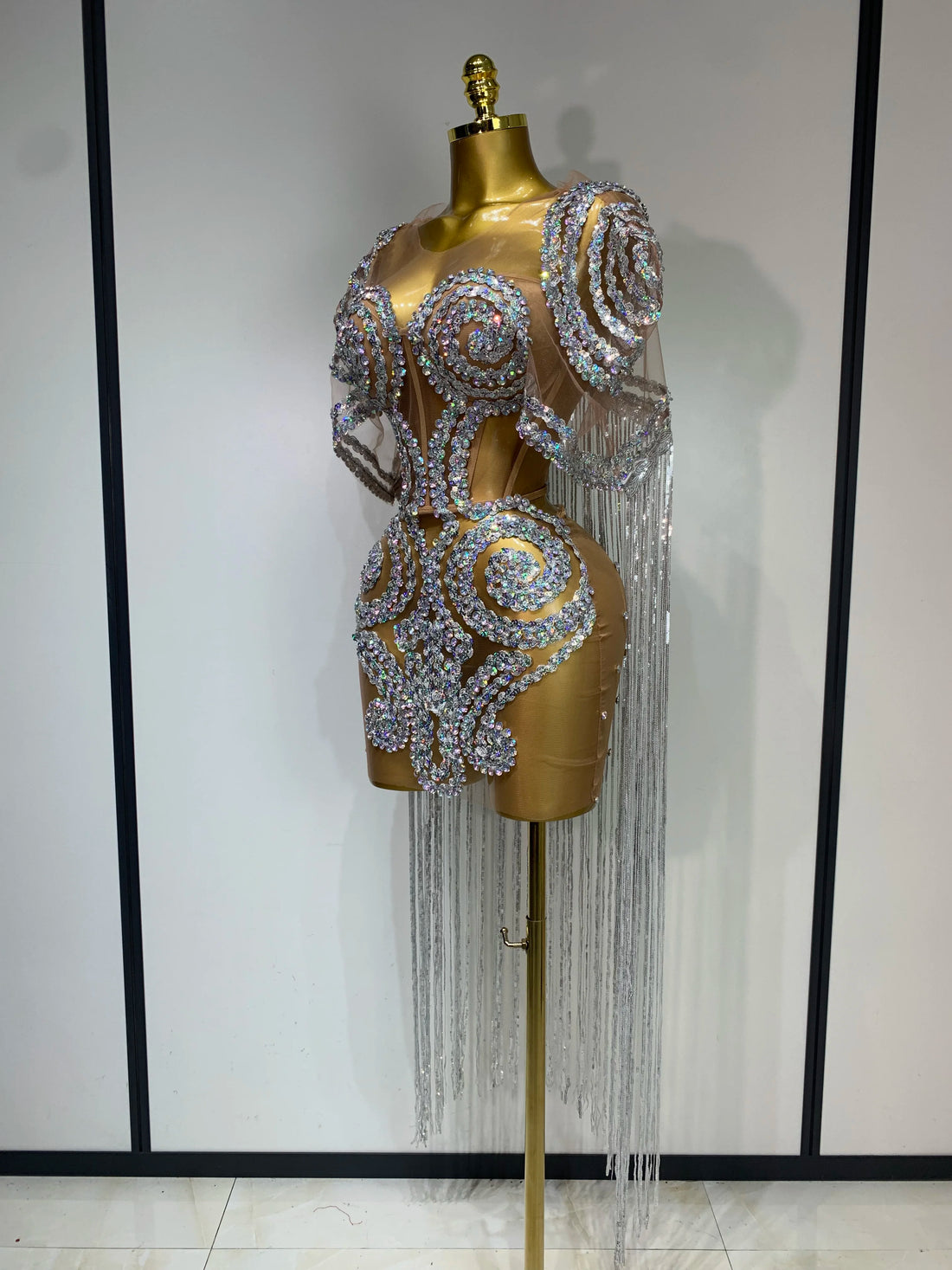 Sparkly Rhinestones Tassel Sexy Mesh Transparent Short Dress Women Evening Party Luxury Birthday Nightclub Singer Stage Costume