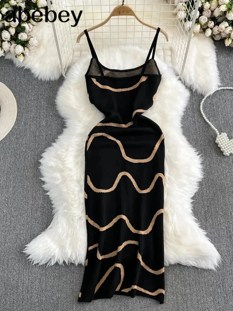 Black Summer Knit Sexy Strap Dress Women Tank Elatic Waist Bodycon Sundress Female Beach Backless Long Dress