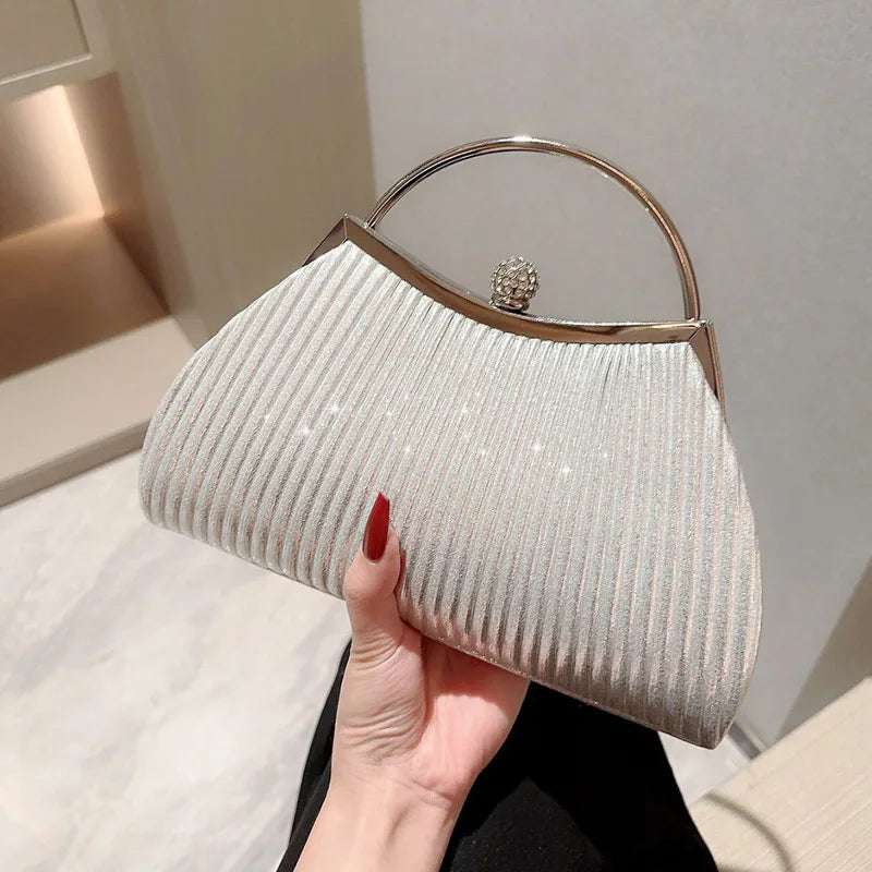 Plissierte Abendhandtasche für Damen, mit Henkel oben, glitzernd, Tages-Clutch für Damen, Hochzeit, Abendessen, gekleidet, Clip-Tasche, Diamant-Party-Geldbörse, Gold 