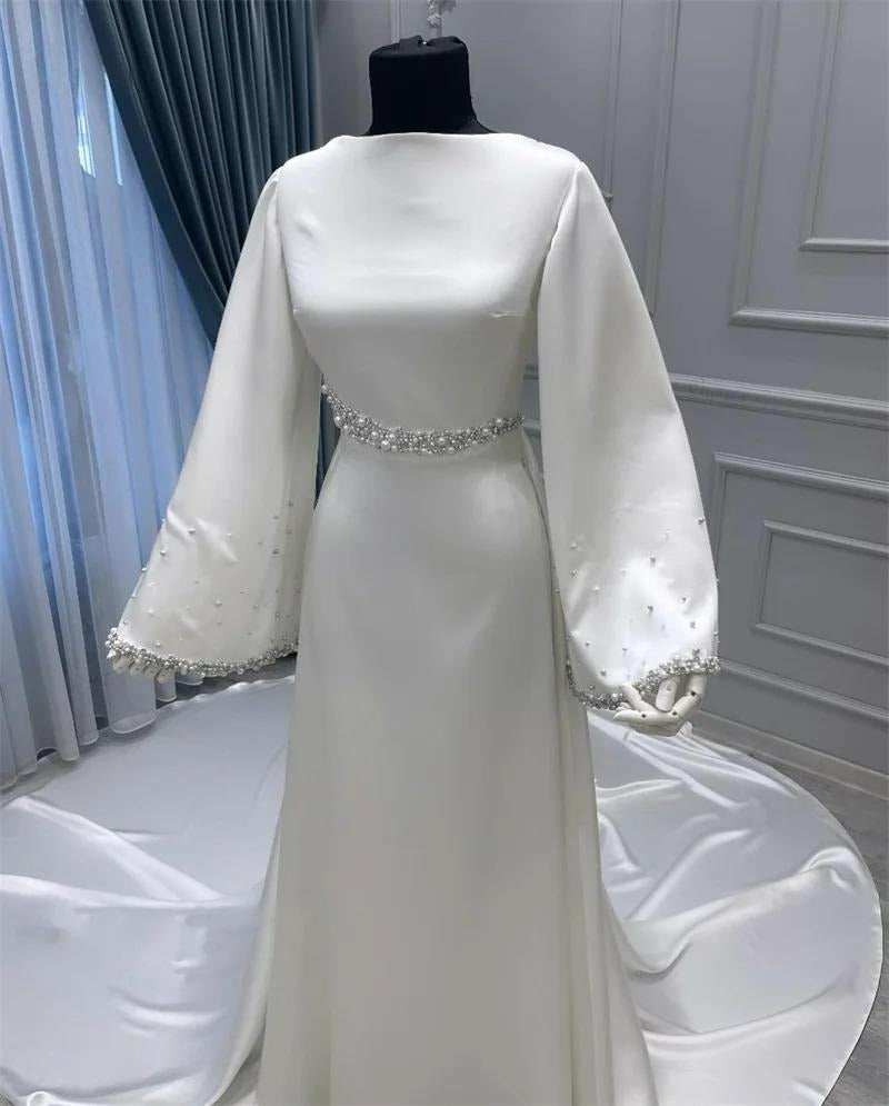 Elegant Long Sleeve Muslim Wedding Dress Bride Satin Beaded Pearls Ivory Bridal Gowns High Neck Robe De Mariée