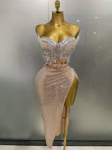 New Women Sparkle Rhinestone Sequins Two Pieces Evening Party Dress Celebrate Festival Dancer Bar Nightclub Ds Dj Stage Wear