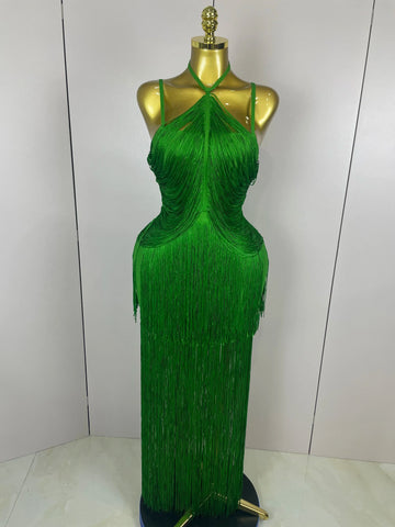 Sexy Backless Green Tassel Ankle Bodycon Bandage Dress  Women Celebrity Elegant Evening Club Luxury Birthday Party Outfit