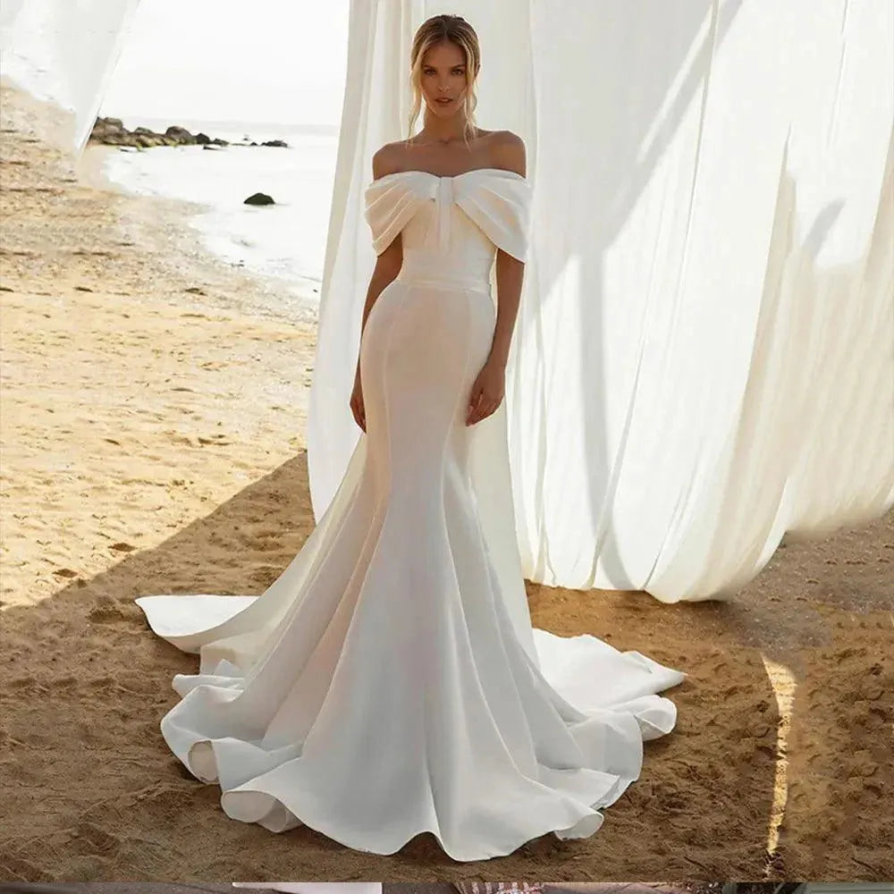 Strapless Off The Shoulder Mermaid Wedding Dresses For Women Backless Spandex Ribbon Cape Civil Elegant Bridal Gown Ivory