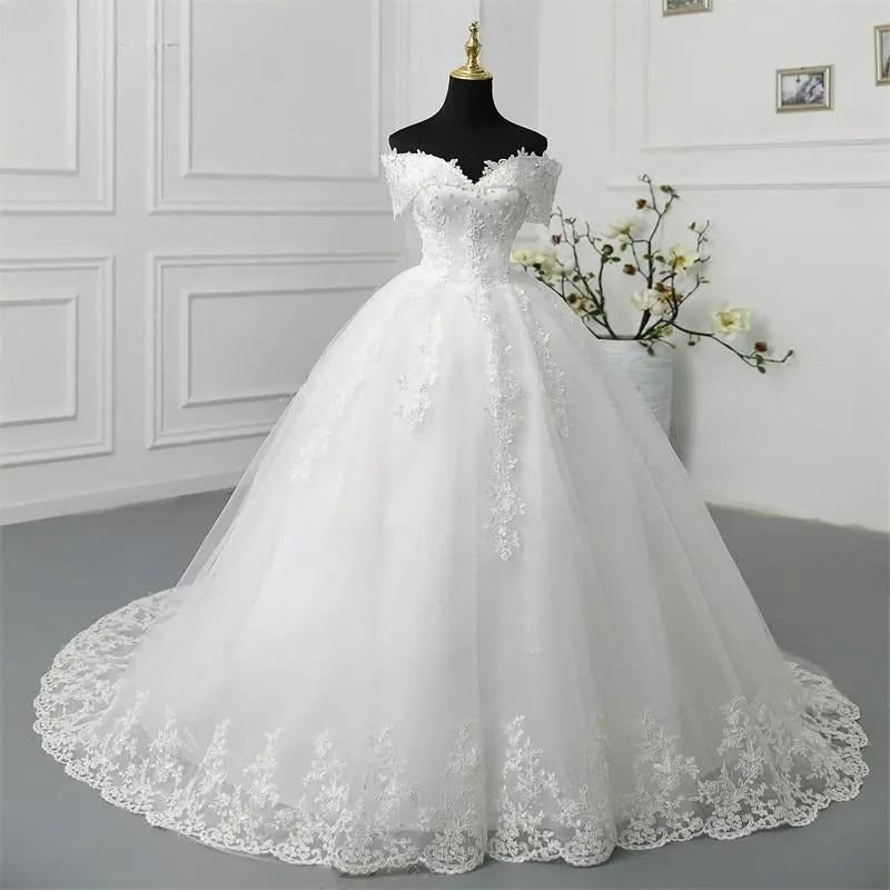 Y&M Novias Off Shoulder Plus Size Vestido de Noiva 2024 Brudekjole Langt tog eller gulv Appliqes Pearls Bridal Tulle Mariage