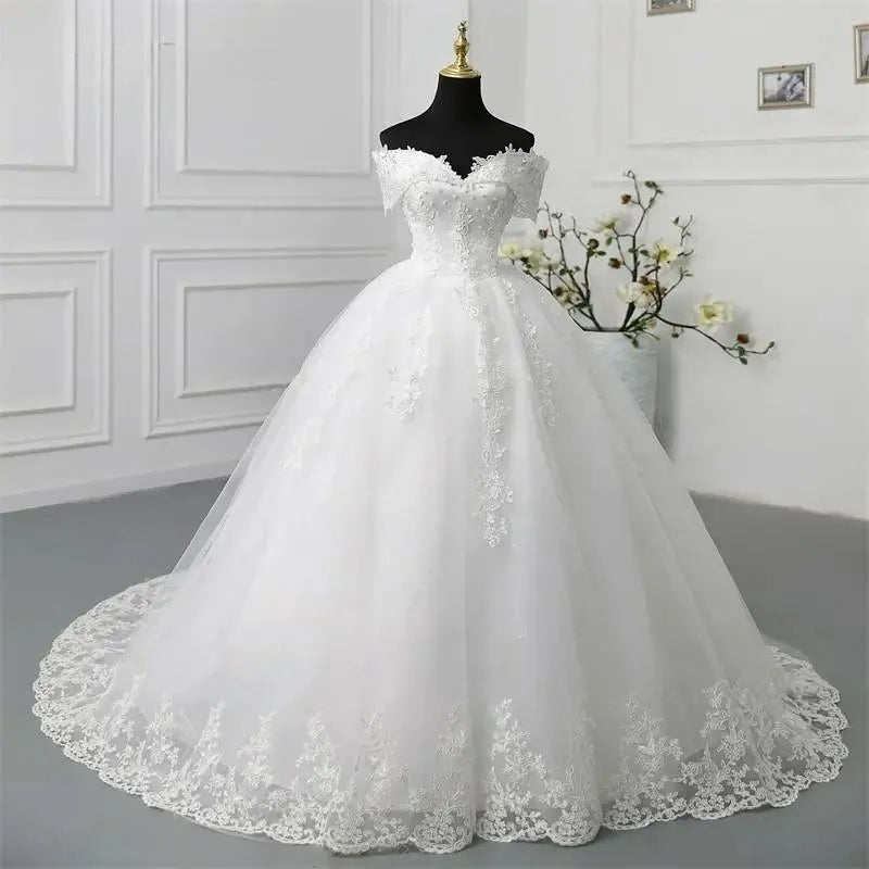 Y&M Novias Off Shoulder Plus Size Vestido De Noiva Wedding Dress Long Train or Floor Appliqes Pearls Bridal Tulle Mariage White Long Train