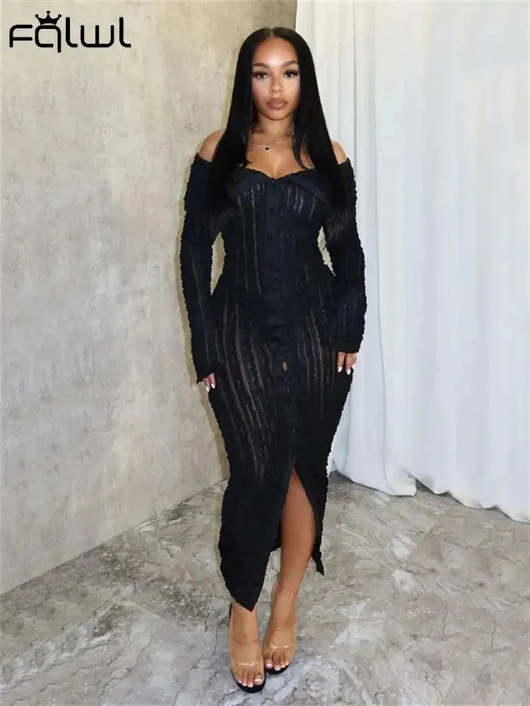 Habbris Black Sexy Strapless Long Dress Party Club Outfit For Women Fall Long Sleeve Knitted Maxi Dress Fashion Split Dress