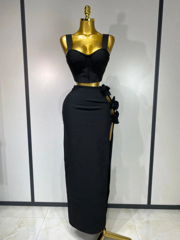 Summer New 2025 Women Sexy Flower Black Red Bandage Two Piece Set Celebrity Evening Party Skirt Suits Luxury Birthday Outfit
