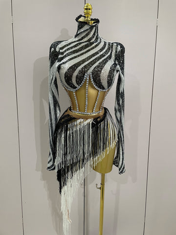 New Shiny Diamond Sequin Tassels Sexy Mesh Long Sleeved Two Piece Set Women Evening Birthday paty Nightclub Stage Costume