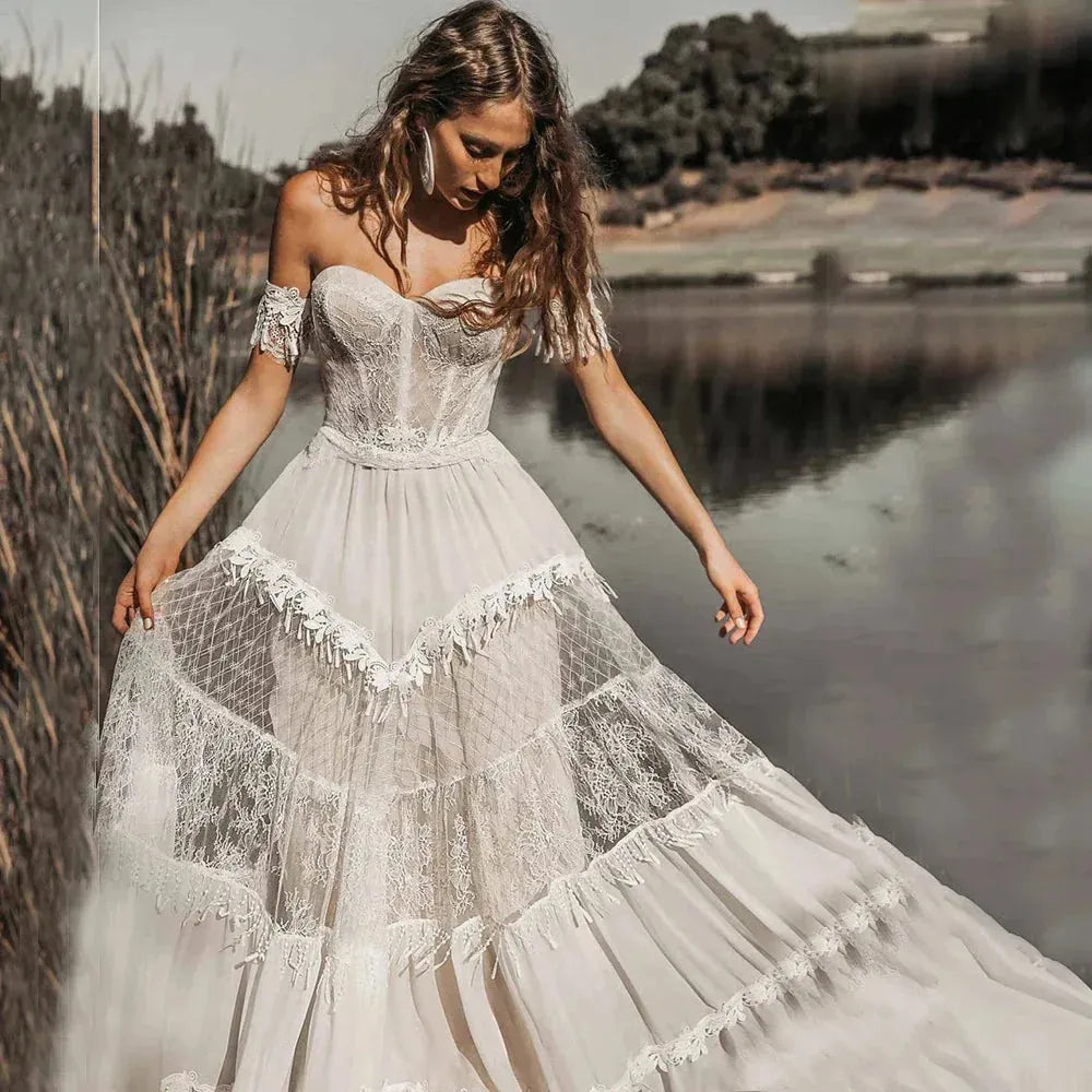 Elegant A-Line Wedding Dresses Women Open Back Off The Shoulder Sweetheart Lace Boho Bridal Gown Sweep Train Vestidos De Noiva Boho