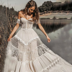 Eleganti abiti da sposa a-line Donne Apri fuori dalla spalla Sweetheart Lace Boho Bridal Abito da sposa Sweep Train Vestidos de Noiva