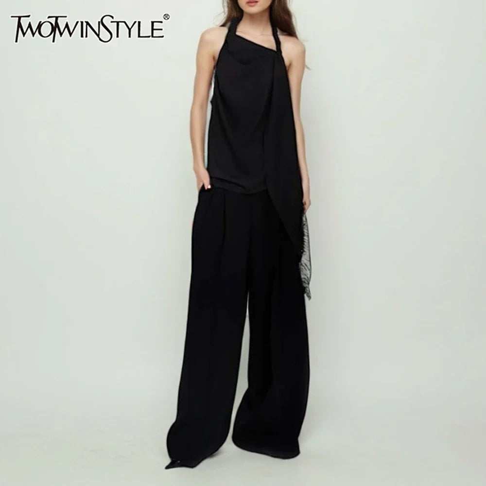 Solid Loose Two Piece Sets for Women Halter Neck Sleeveless Irregular Top High Waist Wide Leg Pants Set Female New