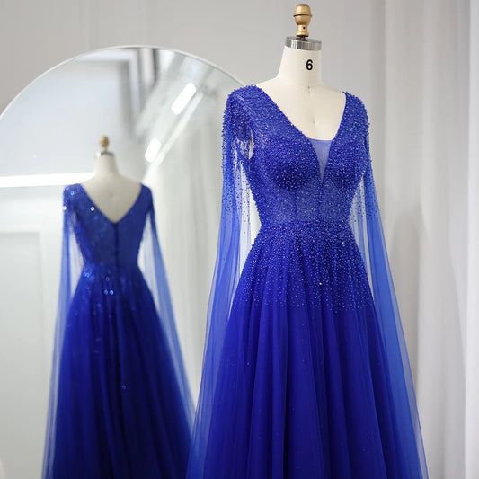 Vestido de noche de lujo azul real de Dubái con mangas estilo capa, elegante vestido de fiesta de boda rosa con escote en V y morado para mujer 