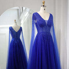 Royal Blue Luxury Dubai Evening Dress with Cape Sleeves Elegant Pink V-Neck Purple Women Wedding Party Gowns