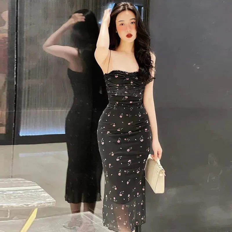 Elegant Flower Print Suspender Dress Women Fashion Off Shoulder Backless Midi Dresses Chic Female Party Club Vestidos YJ23300SK WHITE