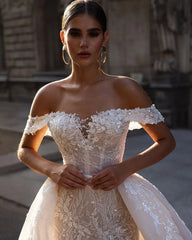 Luxury Wedding Gowns Sequin Lace Appliques Ivory Corset Bride Dress With Detachable Train Women Wedding Dresses