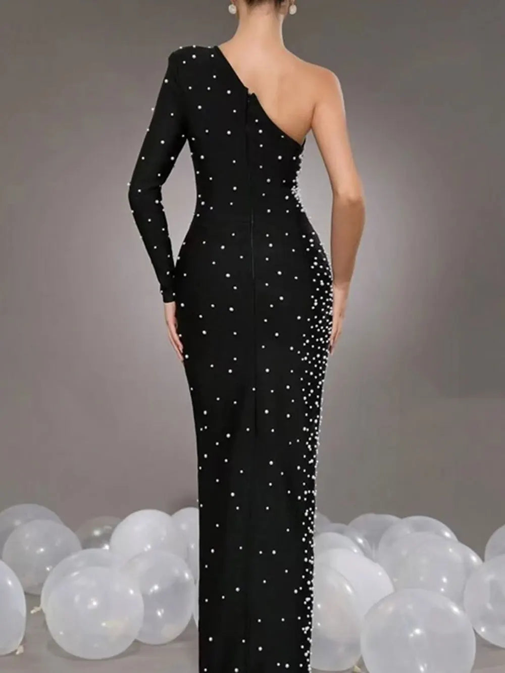 2024 Sexy Women's Light Luxury Pearl Design Bandage Dress with Diagonal Collar One Shoulder Long Sleeve Bodycon Christmas Dress