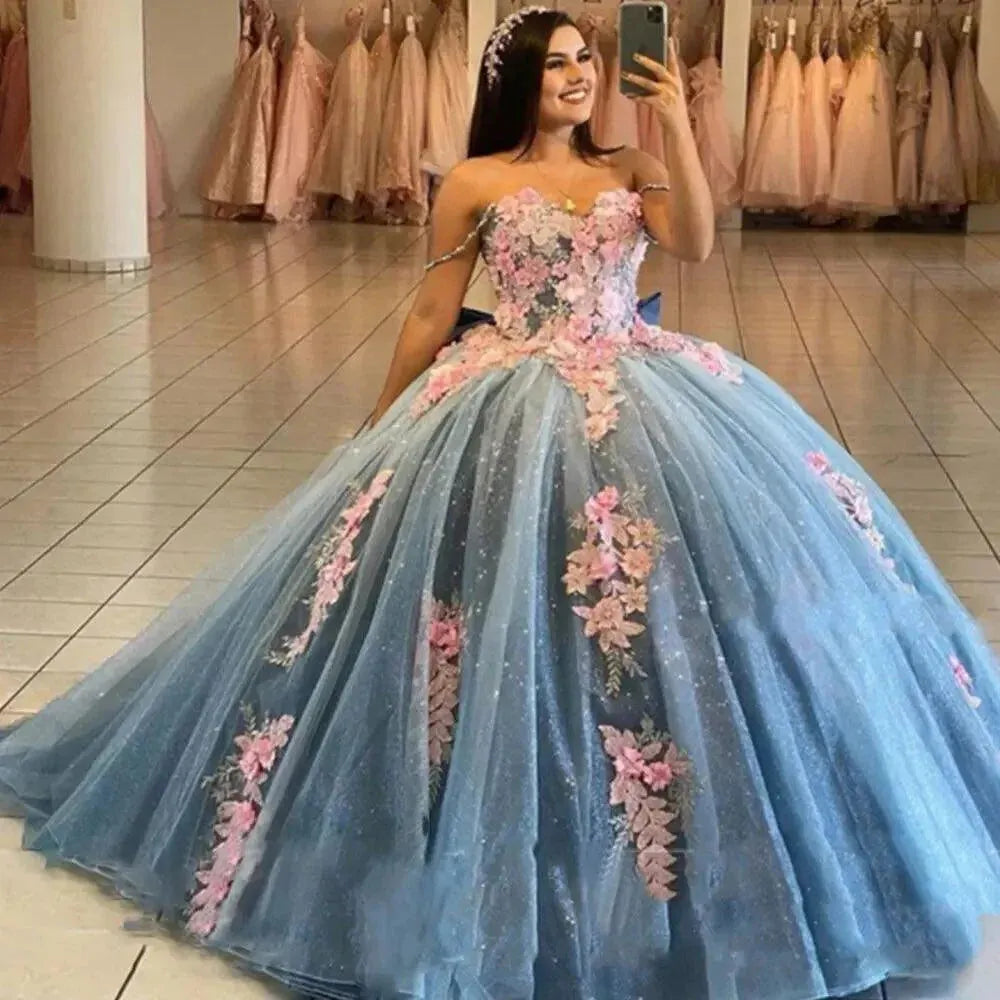 Quince Dress | Glittering Luxury Quinceanera Dresses with Bow 3D flowers Off Shoulder Vestidos De 15 Anos Birthday Party Prom Gown