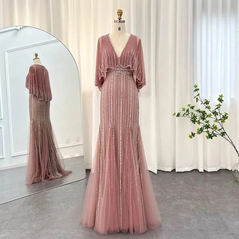 Luxury Pink Mermaid Dubai Evening Dresses with Cape Elegant V-Neck Arabic Women Wedding Formal Party Gown Pink Evening Dress