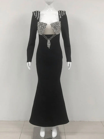 Elegant Light Luxury Nail Diamond Tail Dress Women Long Sleeve Bodycon Bandage Dress Celebrity Evening Party Long Dress Vestidos