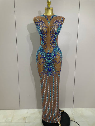 Luxury Sparkly Rhinestones Nude Sexy Mesh Maxi Dress Women Evening Birthday Party Elegant Gown Show Red carpet Stage Costume