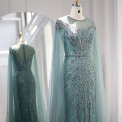 Luxury Arabic Blue Mermaid Evening Dress with Cape Sleeves Sage Green Gold Dubai Women Wedding Party Gowns