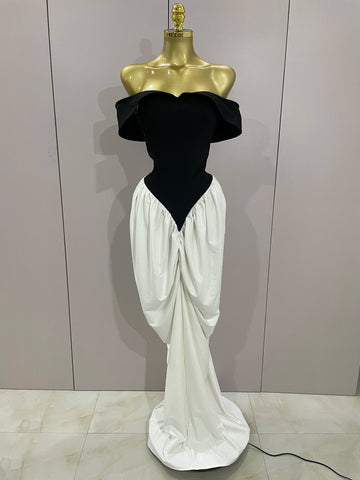 Sexy V Neck off-The-Shoulder Black And White Splicing Mermaid Floor-length dress  Women Formal Evening Birthday Party Dress