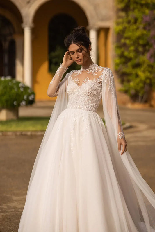 Vestidos de novia de estilo bohemio con mangas largas y apliques de encaje y capa, cuello alto, corte en A, ilusión, para playa, estilo princesa 