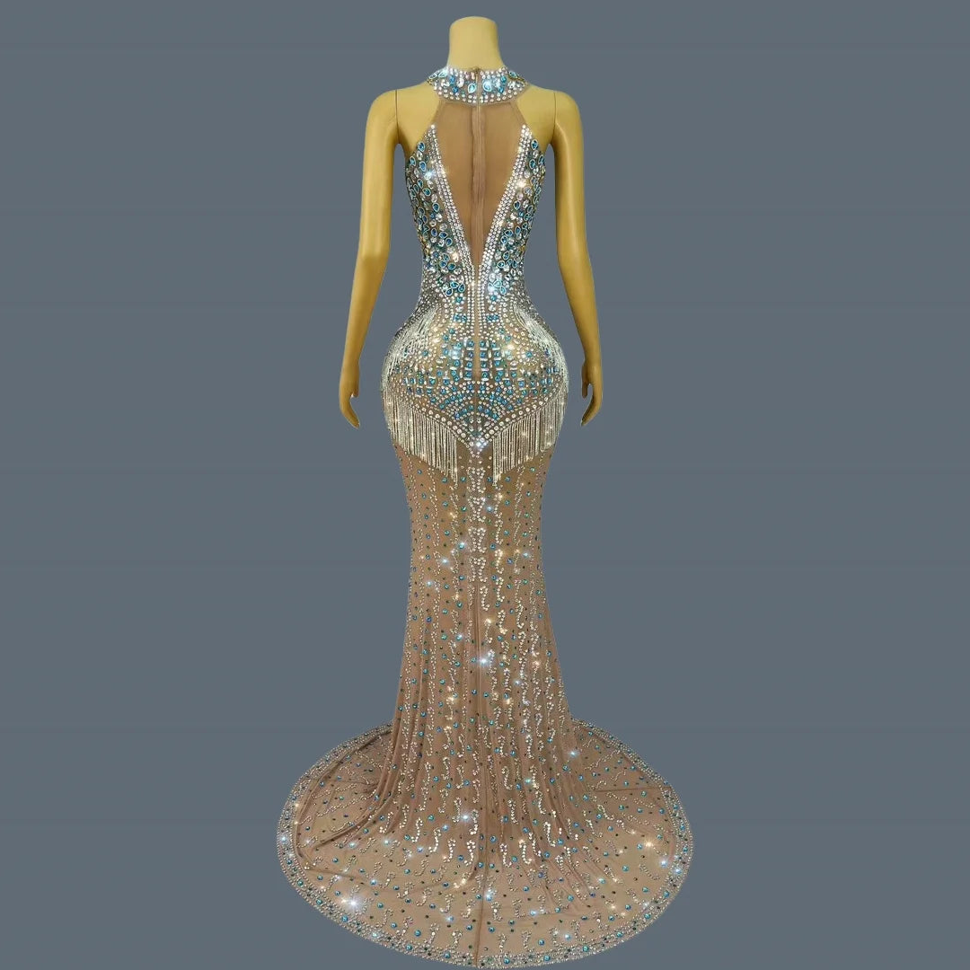 High-end Evening Gown Sparkly Diamonds Sheer Mesh Floor-length Dress Luxury Crystals Tassel Birthday Prom Ball Dress Lancaihua