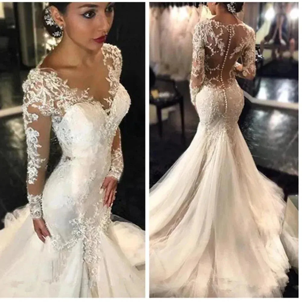 Luxury Lace Mermaid Wedding Dresses Dubai African Arabic V-neck See Through Long Sleeves Appliques Bridal Gown Vestido De Novia Ivory Mermaid