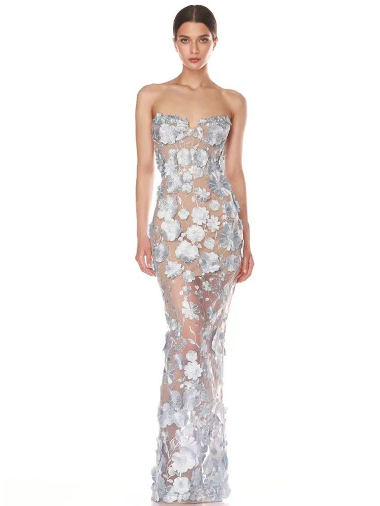 VC Sexy Strapless Embroidery Flower Long Dress Women Sleeveless Structured Floral Slim Elegant Party Cocktail Evening Gowns