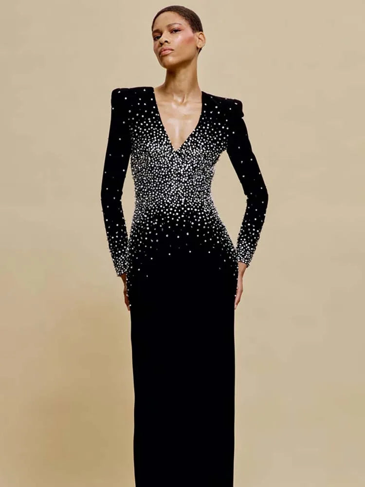 VC Black Long Sleeves Pearls Embellished Long Dress For Women V Neck Beaded Celebrity Party Evening Gowns Vestidos