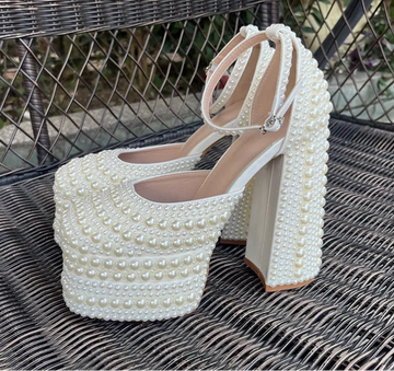 Luxury Handmade Full Pearls Beaded Platform Wedges Women Pumps Fashion Chunky Heeled Ultra High heels Banquet Dress Wedding Shoe