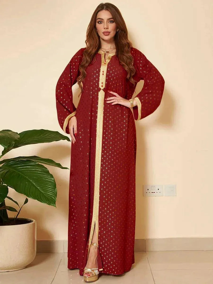 Fashion Solid Ethnic Casual Abayas Saudi Women Clothing Jalabiyat Moroccan African Kaftan Long Sleeve Gold Stamping Red Dress