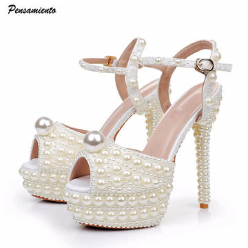 Luxury Full Pearls Beaded Peep toe Women Gladiator Sandals Fashion Summer Platform Wedges 14cm High heels Wedding Party Shoes