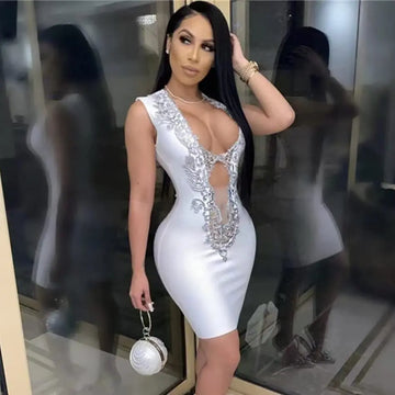 Top Quality Women Sleeveless Sexy V-Neck Bodycon Bandage Mini Dress Fashion Nightclub Party Celebrate Outfit Vestido