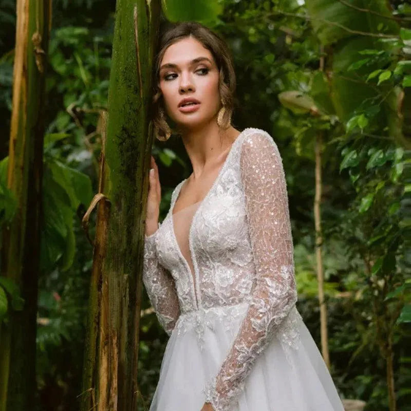 A-Line Tulle Wedding Dresses for Women Illusion Sceep Long Sleeve Sequins Open Back Bridal Gown Vestido De Noiva White