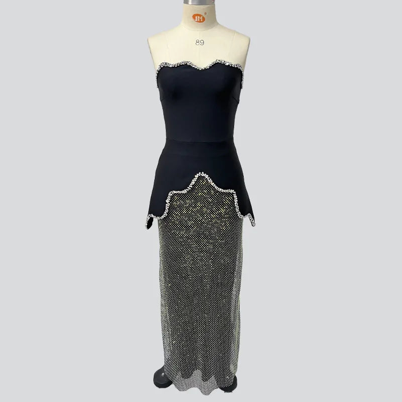 2025 Black Women Sexy Strapless 2 Pieces Shinning Diamond Bodycon Dress Nightclub Party Celebrate Birthday Evening Outfit
