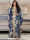 Fashion Muslim Chiffon Gold Stamping Abaya Dress for Women Lace Tape Trim V Neck Ruffle Sleeve Moroccan Jalabiya Eid Blue Dress