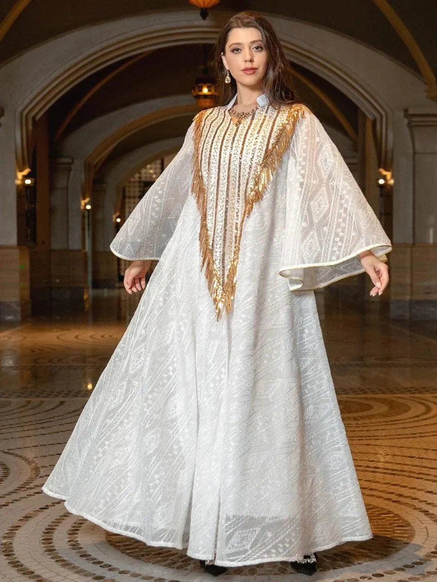 Arab Dubai Mesh Sequins Embroidery Evening Robe For Women Jalabiyat Muslim Turkish Casual Loose Long Sleeve Clothing Light Green Dress