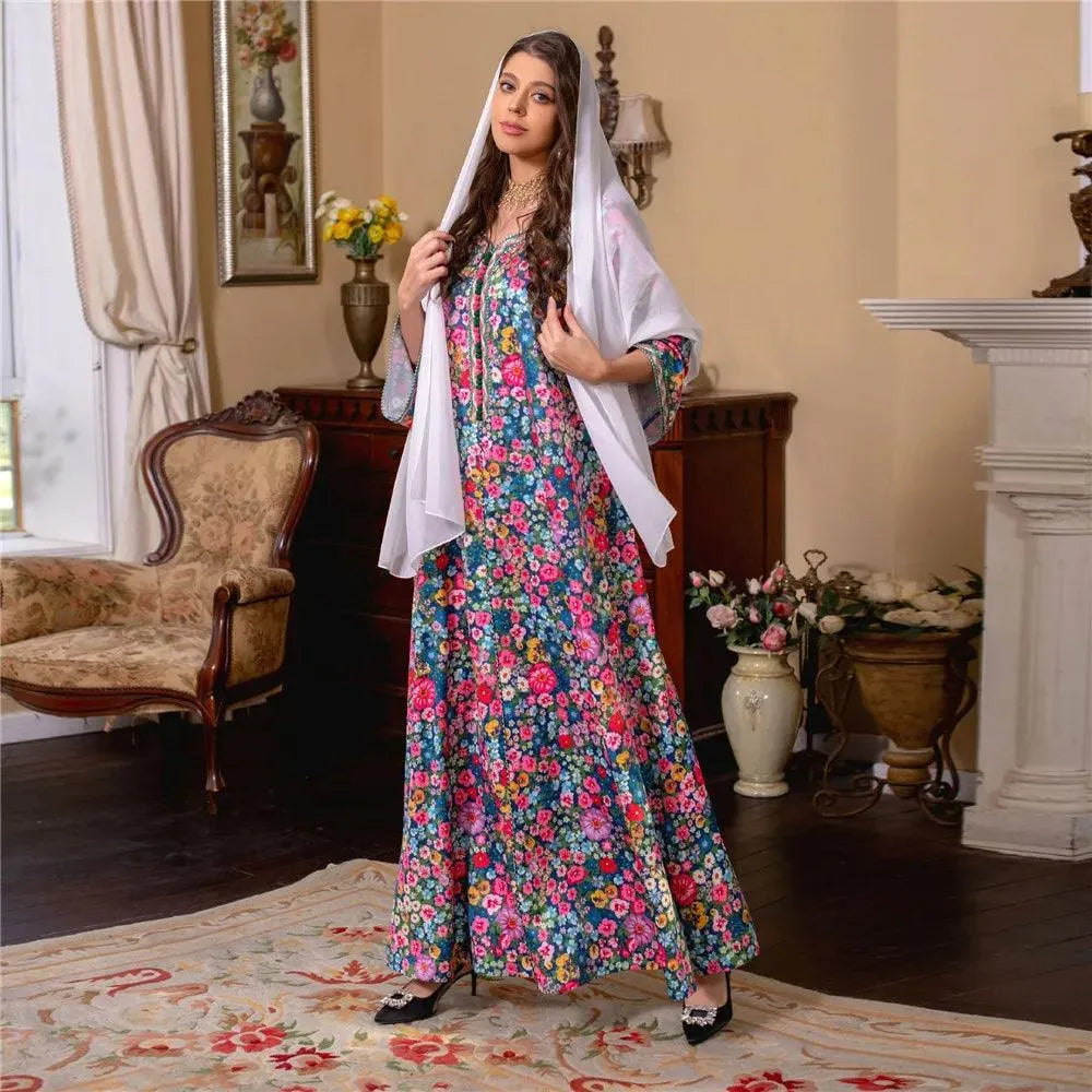 Moroccan Jalabiya Women Abaya Muslim Hijab Dress Vintage Floral Print Kaftan Ramadan Dubai Modest Dresses Party Arabic Gown