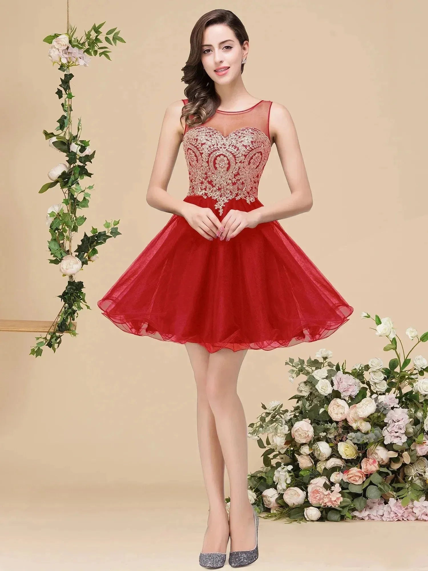 short red lace bridesmaid dresses Strappy Lace Appliqued Red Short Homecoming Dress FancyVestido