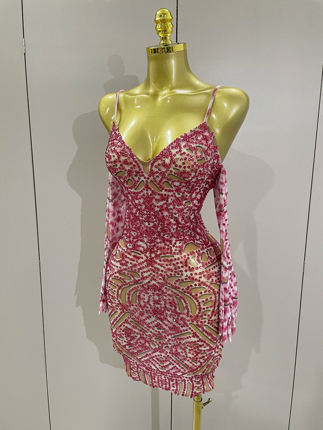 New Sexy Sparkly Rhinestones Mesh Mini Dress With GlovesWomen Evening Birthday Party Celebrate Costume Dancer Stage Wear