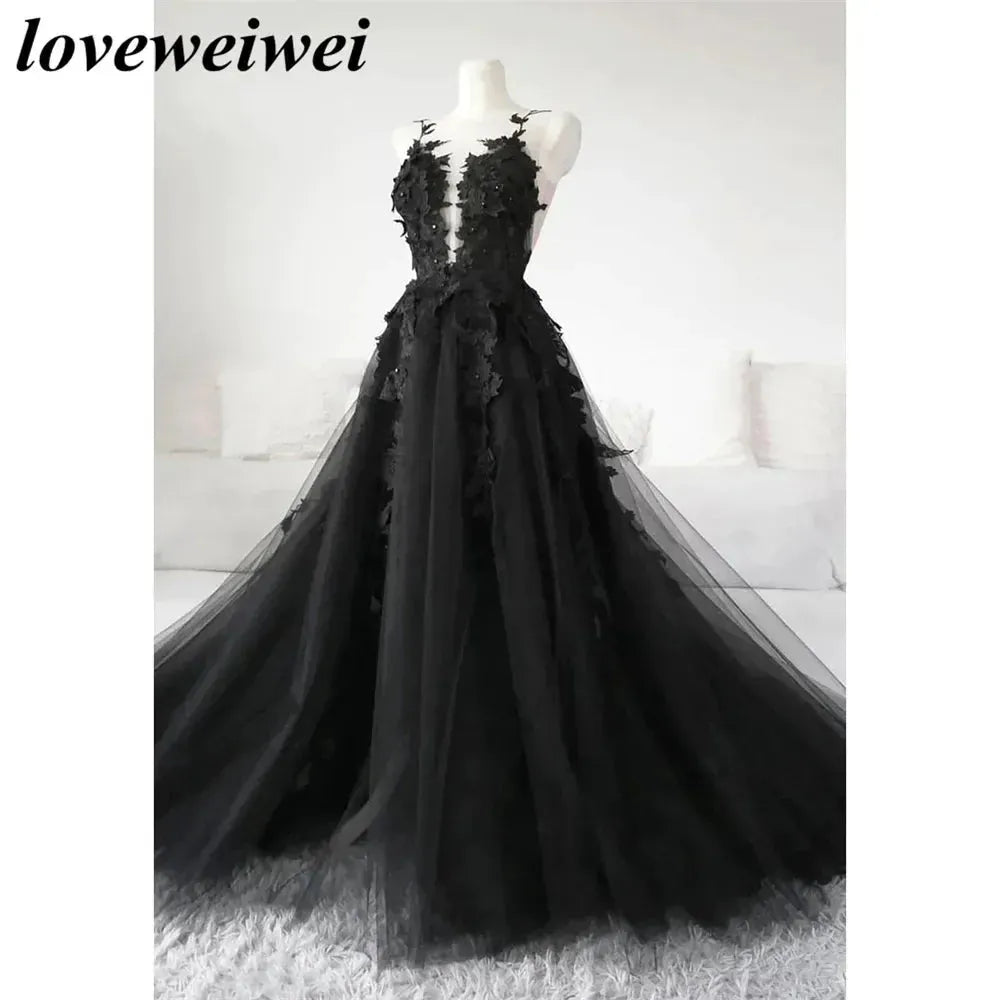Gothic Black Prom Dresses Sexy Backless High Side Split A-line Evening Dress Appliques Lace Formal Party Gowns Robe De Soirée Custom color