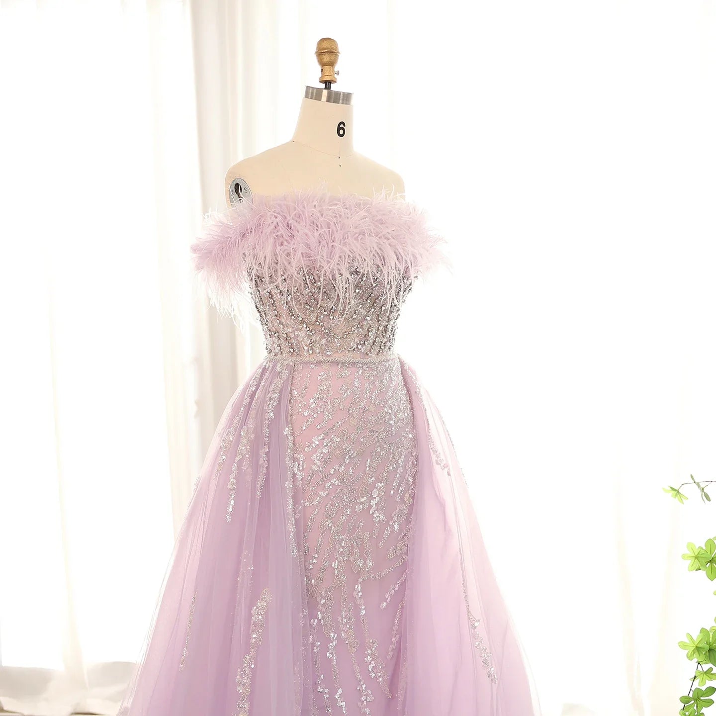 Luxury Dubai Feathers Lilac Evening Dress with Overskirt Side Slit Arabic Blue Green Women Wedding Party Gowns