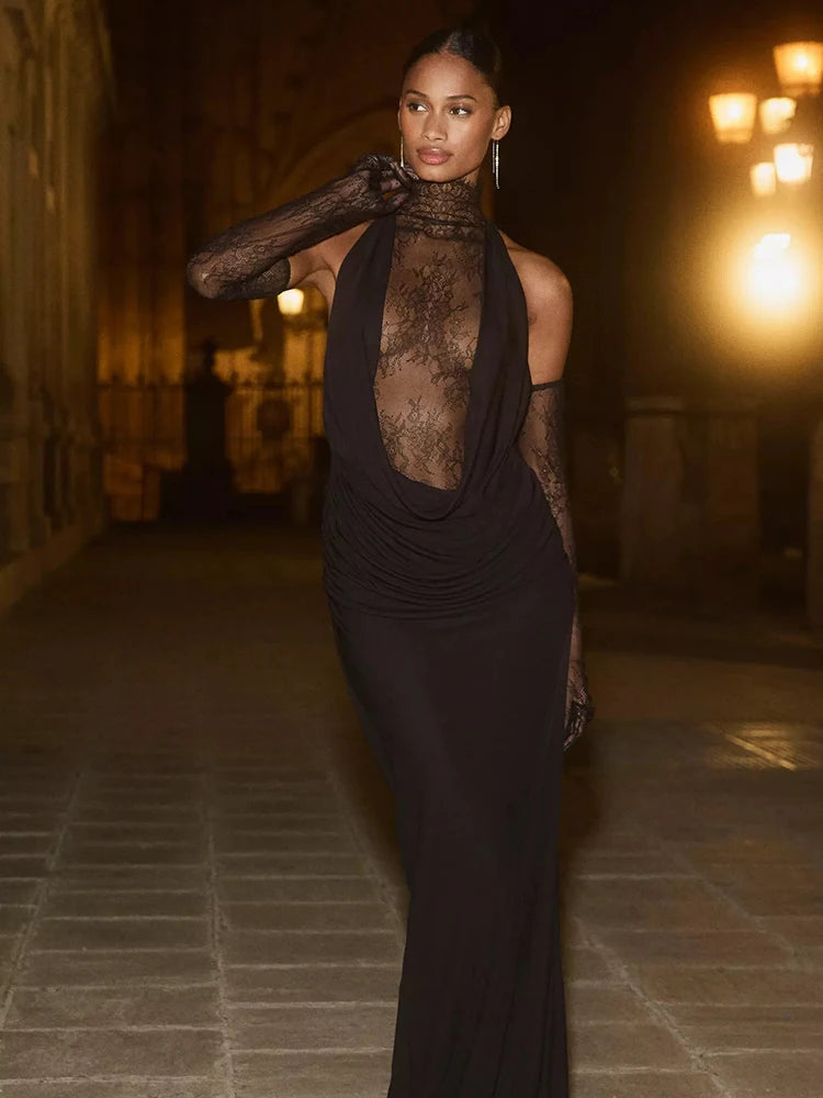 VC Glamorous Black Halter Dress with Lace Details Gloves for Fashion Events Party Evening Gown