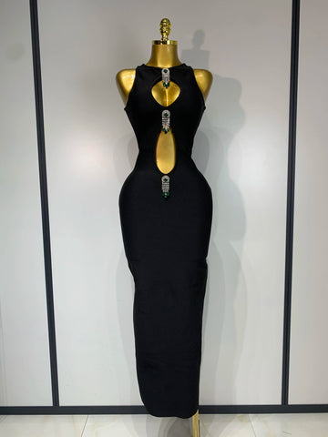 Women Celebrity Sexy Cut Out Diamonds Black Long Bodycon Bandage Dress 2025 Elegant Evening Club Party Luxury Birthday Dresses